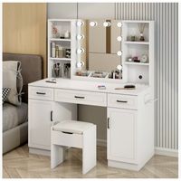 Tocador Con Espejo tipo Hollywood con Taburete y Enchufe Portasecadora