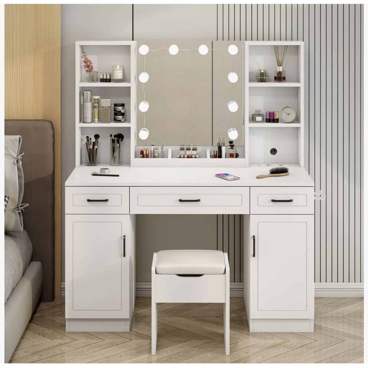 HOMER DESIGN - Tocador Con Espejo tipo Hollywood con Taburete y Enchufe Portasecadora