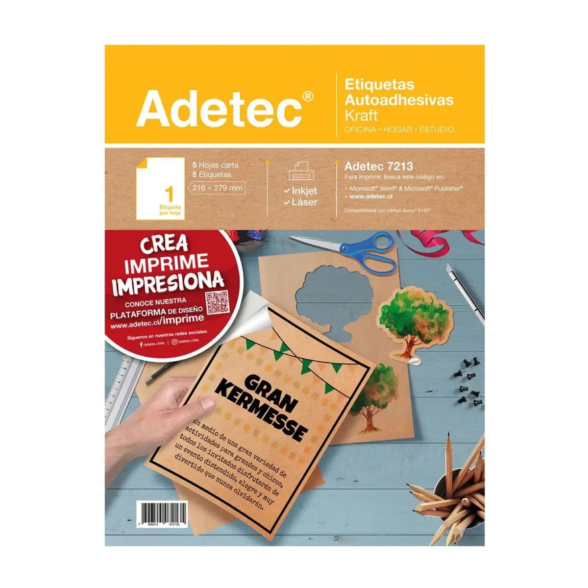 ADETEC - Autoadhesivo Kraft Inkjet/laser Carta 216x279 mm 5 Hojas