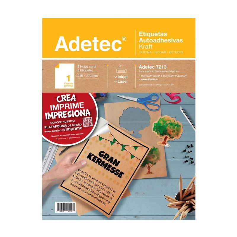 ADETEC - Autoadhesivo Kraft Inkjet/laser Carta 216x279 mm 5 Hojas