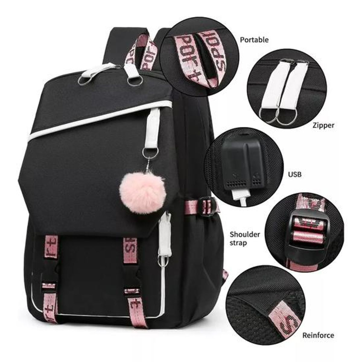 GENERICO - Mochila urbana escolar con interfaz USB auxiliar color negro