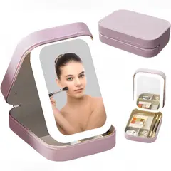 GENERICO - Organizador De Maquillaje Portátil Con Espejo Y Luz Led Rosa