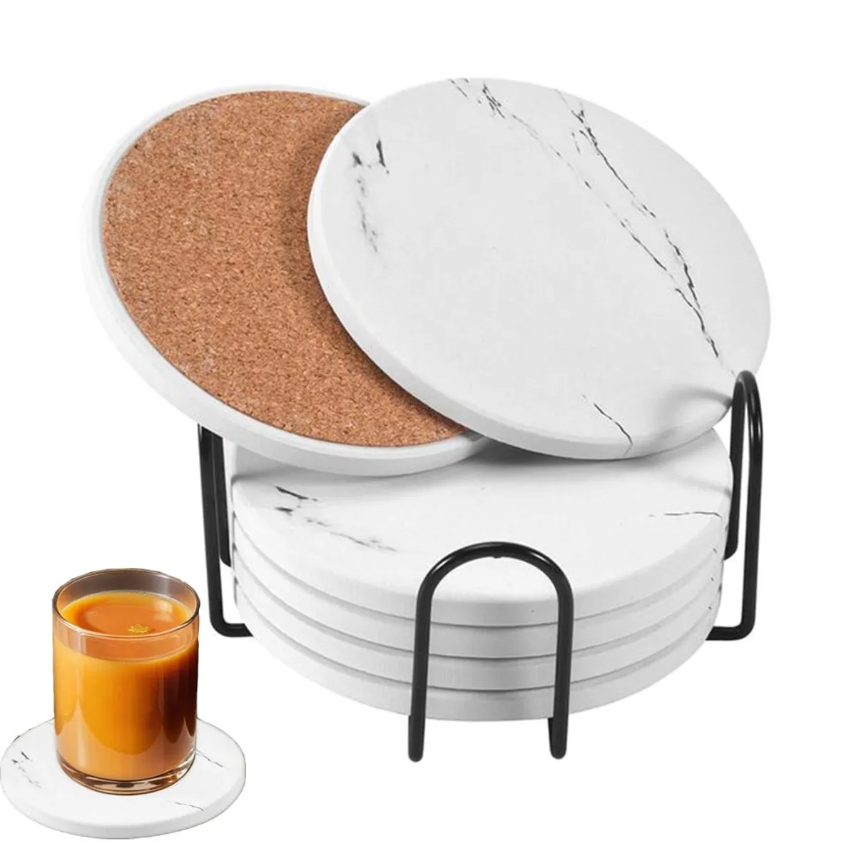 KUANGYE - Juego De 6 Posavasos De Cerámica Mármol Con Soporte
