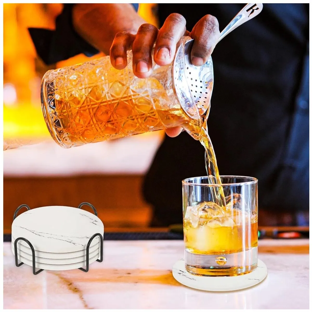 KUANGYE - Juego De 6 Posavasos De Cerámica Mármol Con Soporte