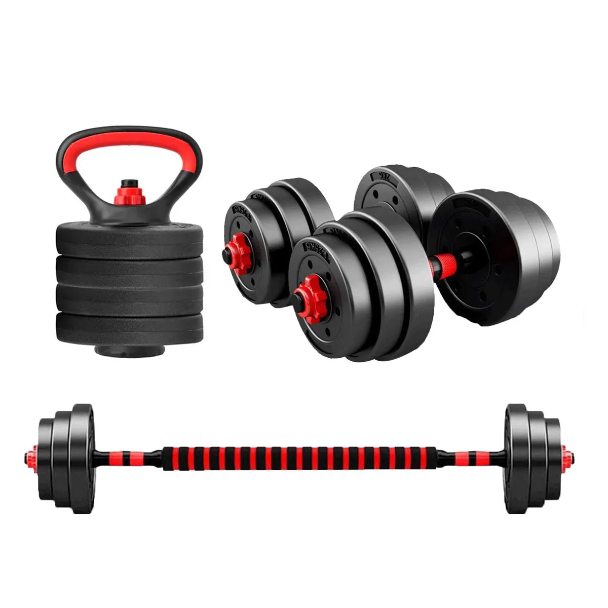 GLOBAL LATIN GROUP - Set Mancuernas Ajustables 4 en 1 con Barra y Kettlebell 20