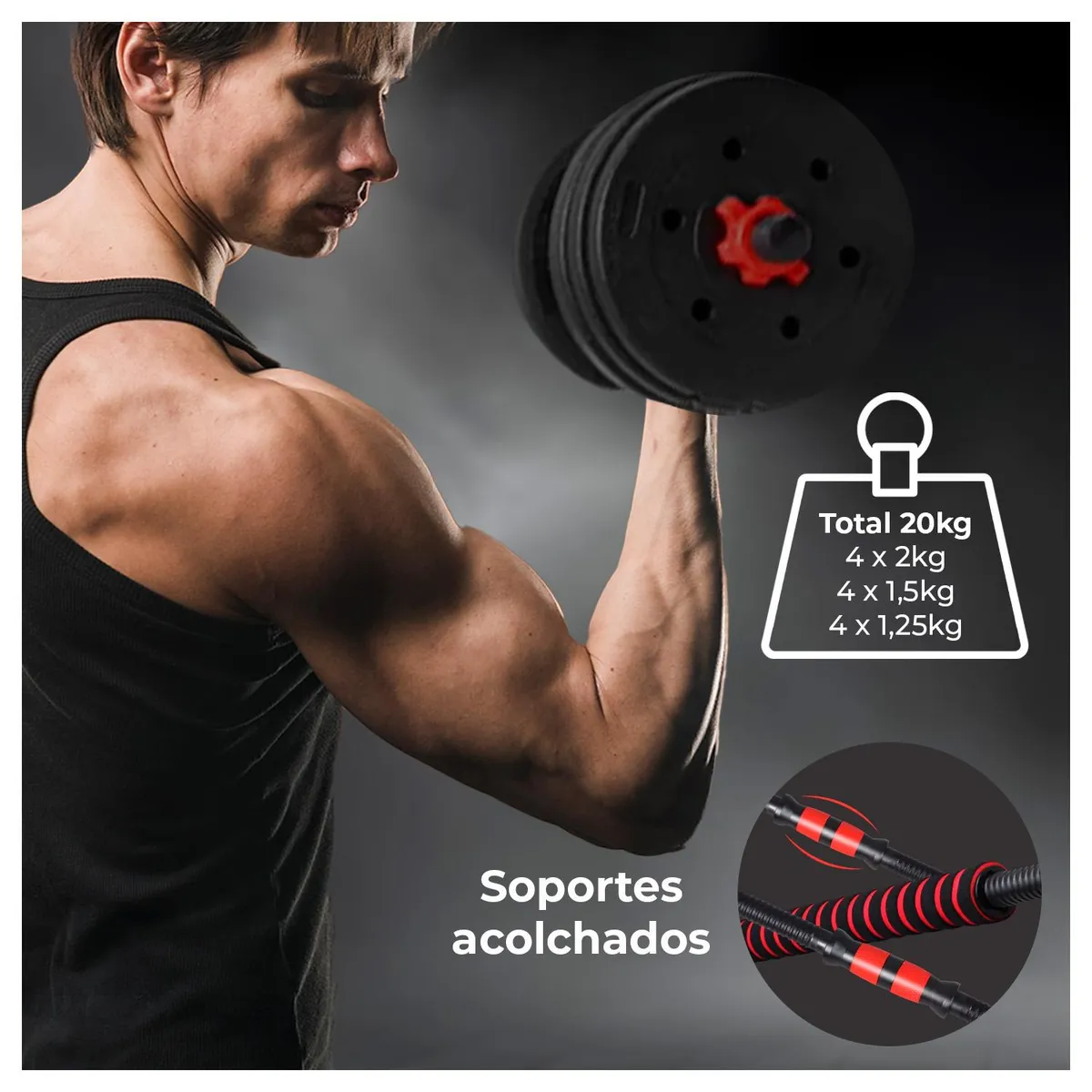 GLOBAL LATIN GROUP - Set Mancuernas Ajustables 4 en 1 con Barra y Kettlebell 20