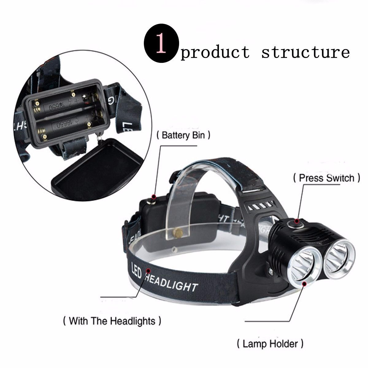 PUREPOWER - Faros T6 LED Lámpara de cabeza Linterna Antorcha Recargable 2x18650.