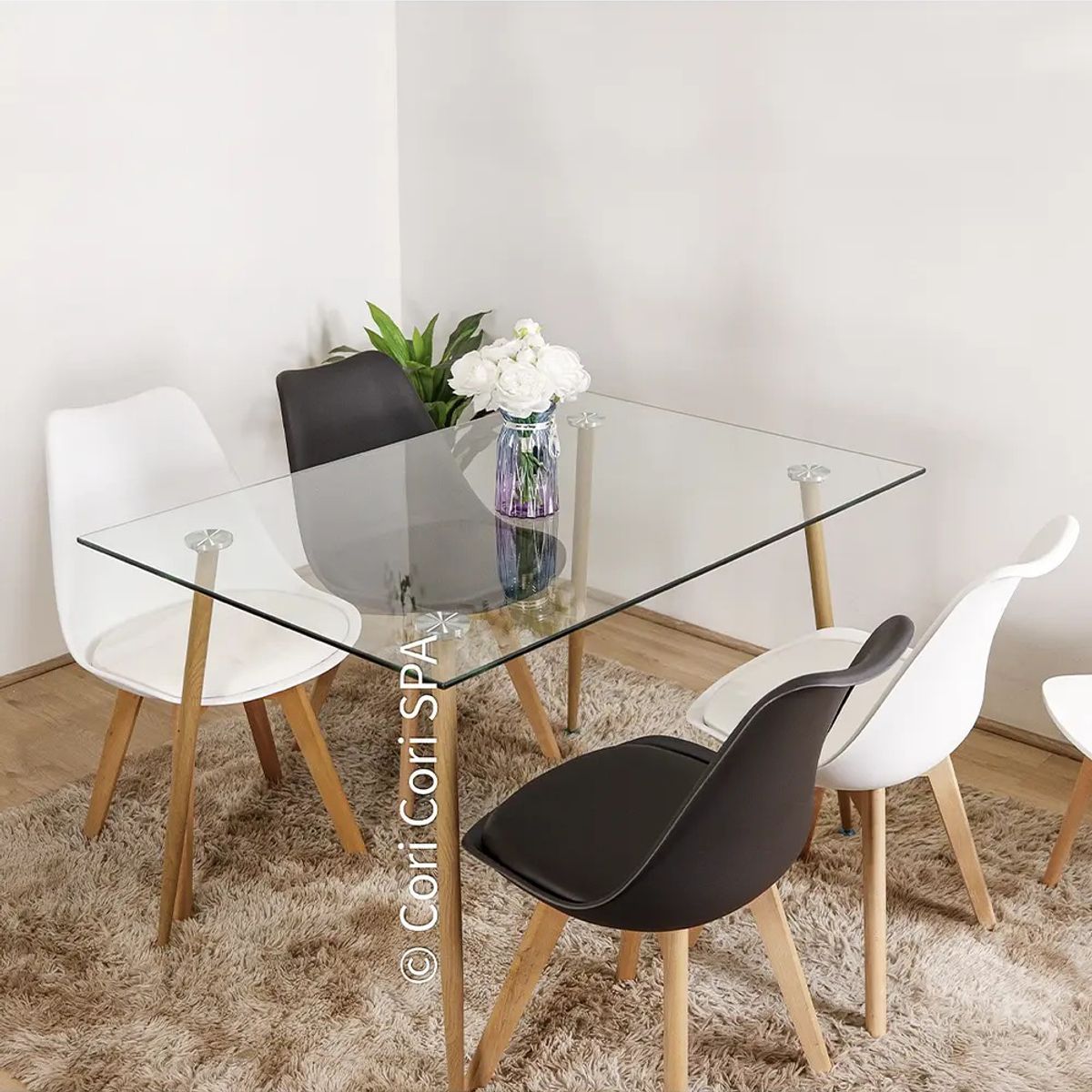CORI CORI - Juego de Comedor Vidrio 120x 80 cm + 4 Sillas Tulip Blanco y Negro…