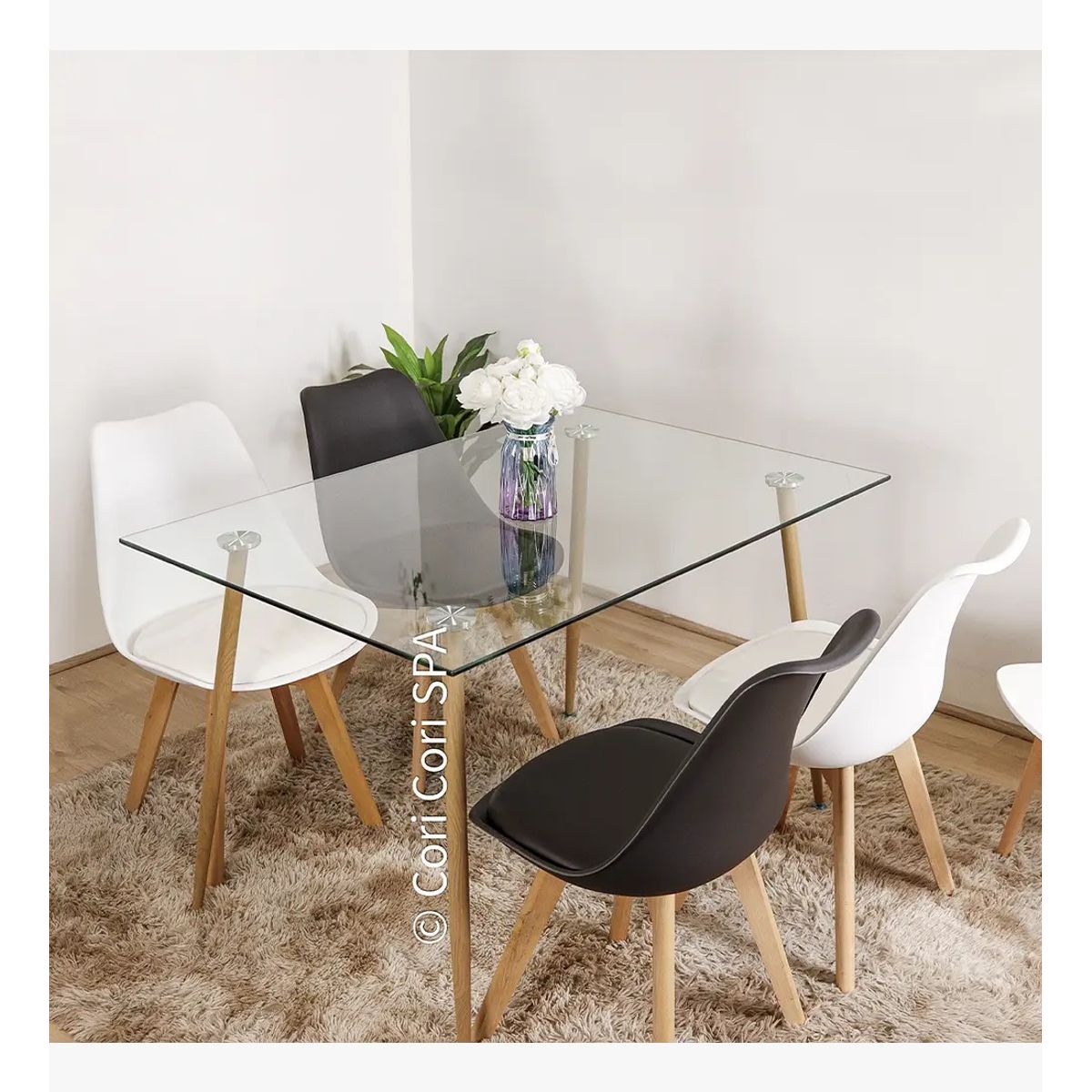 CORI CORI - Juego de Comedor Vidrio 120x 80 cm + 4 Sillas Tulip Blanco y Negro…