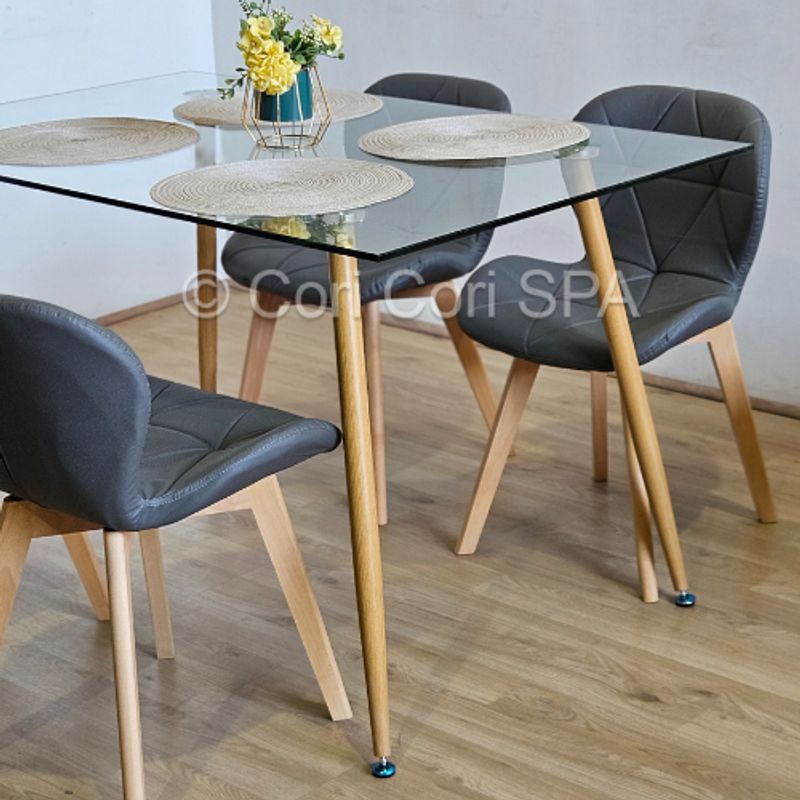 CORI CORI - Juego de Comedor Vidrio 130x 80 cm + 4 Sillas Mariposa Wood Gris