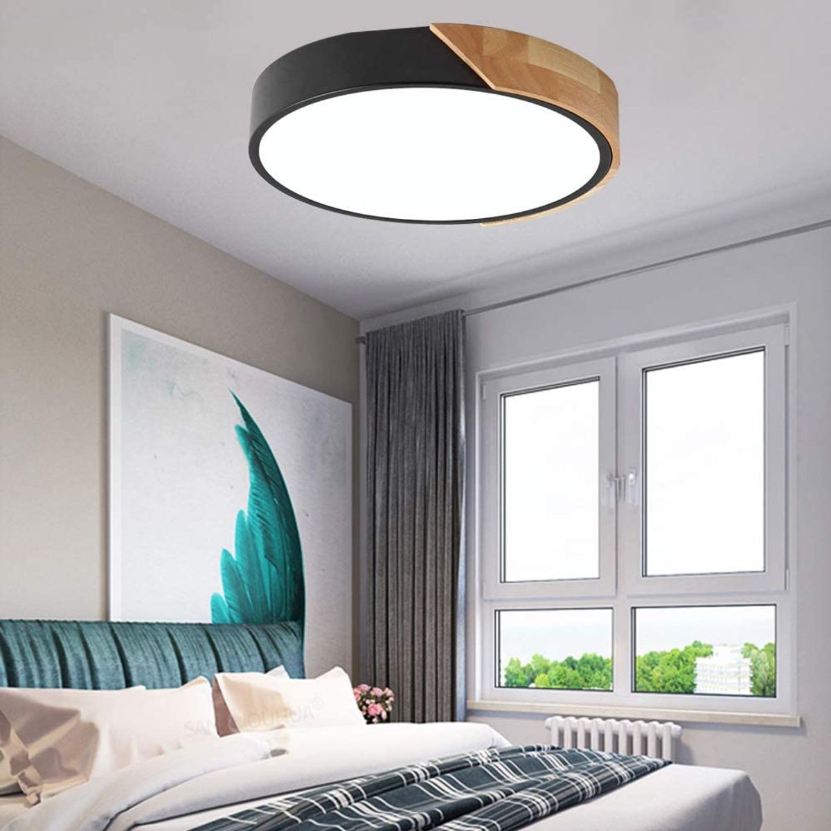 HOME NEAT - Lámpara de techo LED 30cm Borde Negro y madera