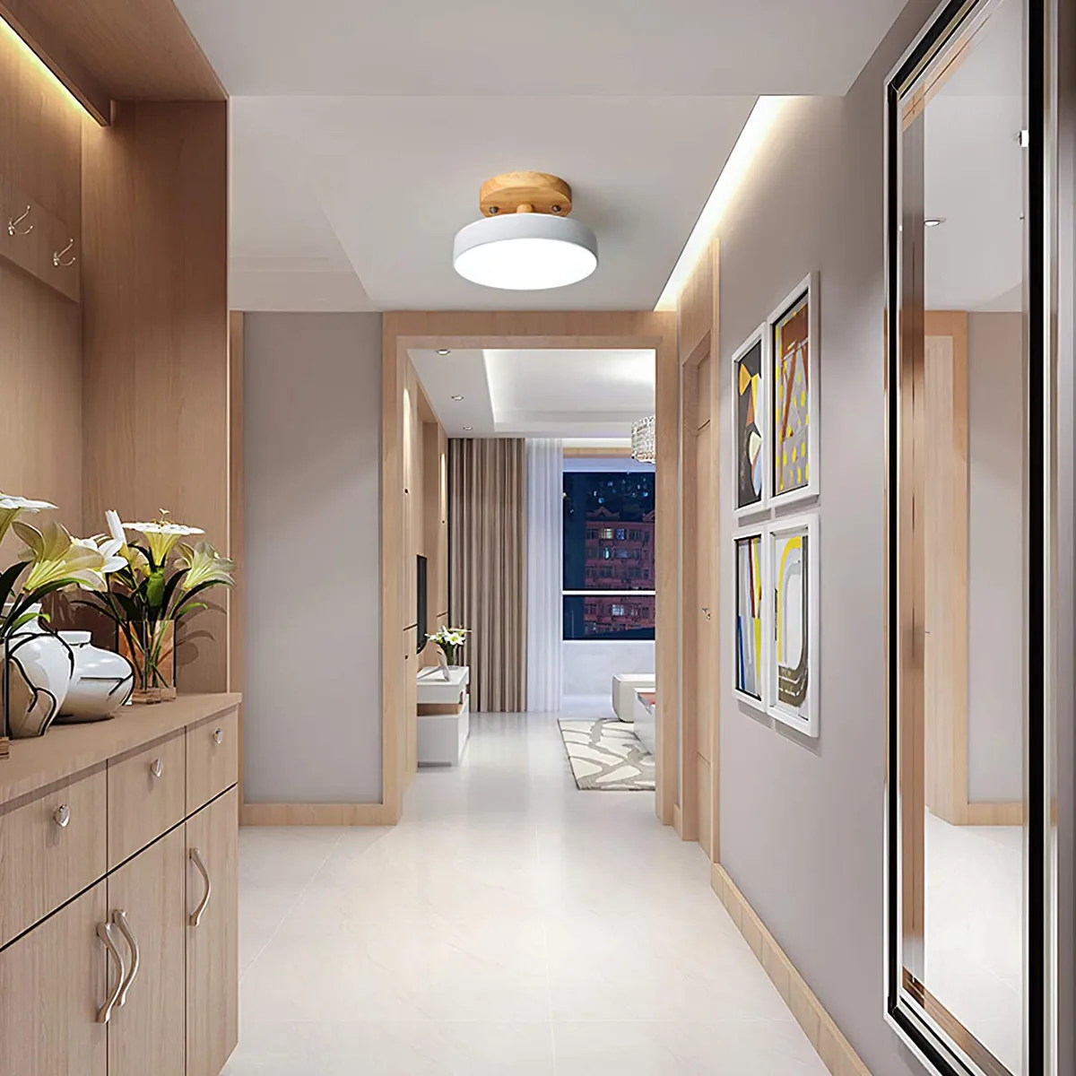 HOME NEAT - Lámpara LED de techo con base de madera 18cm - Blanco