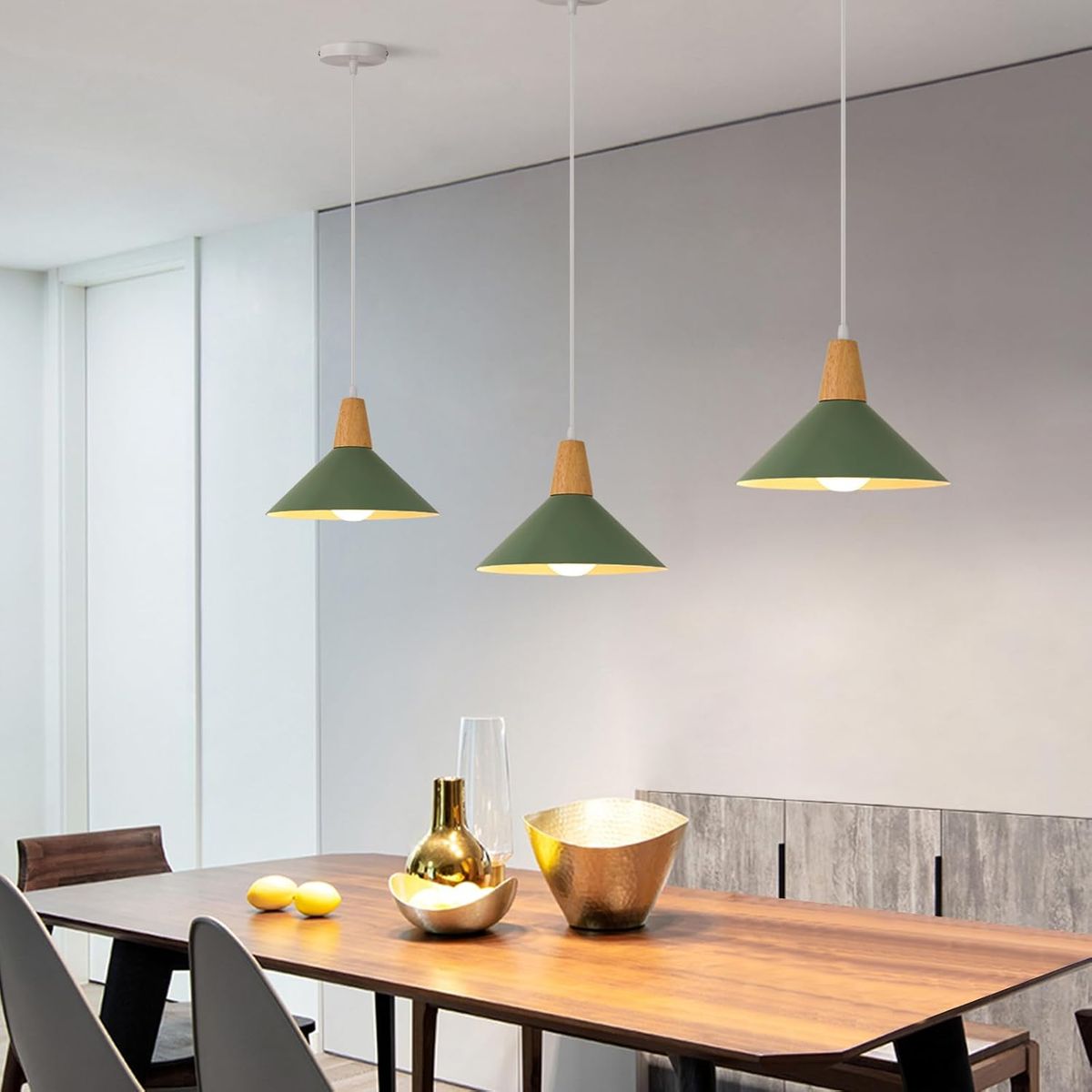 2 Unidades Lámpara colgante de metal madera nórdica E27 ø25cm - Verde, marca HOME NEAT - Foto 2