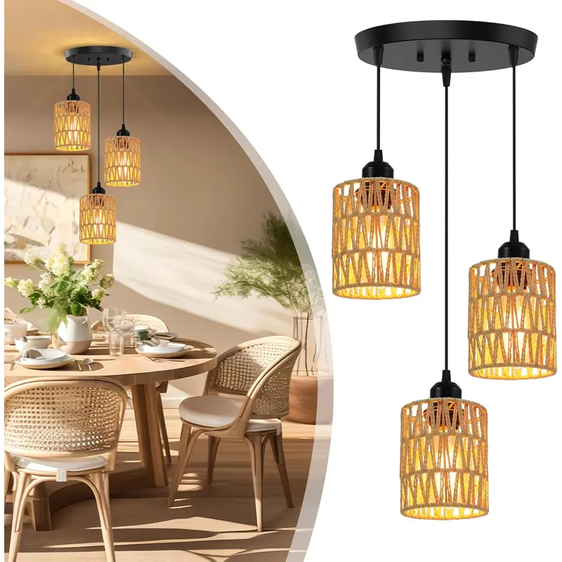 HOME NEAT - 3 Luces Lámpara Colgante de Techo de Metal con Cuerda de Cáñamo E27