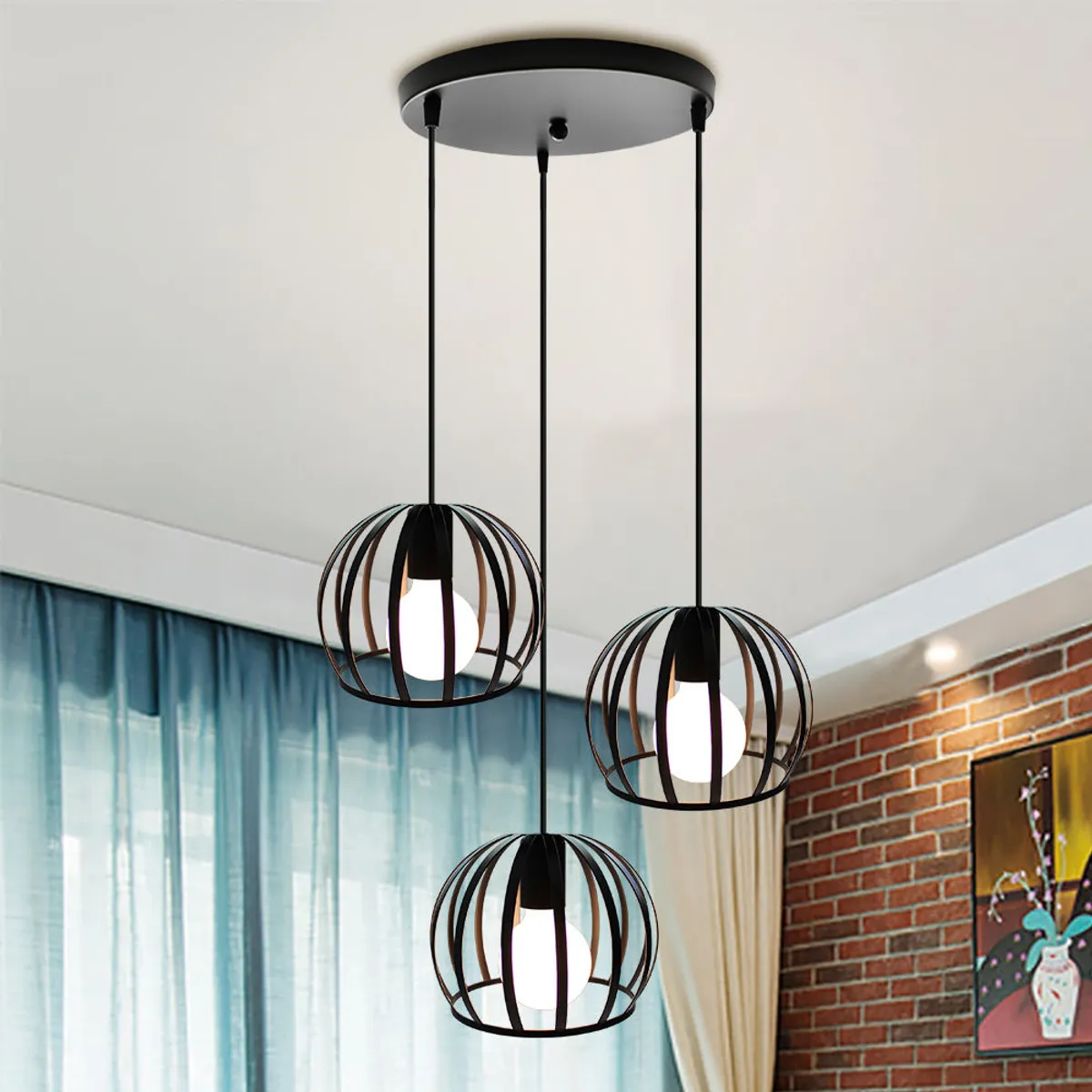 HOME NEAT - Lámpara colgante industrial e27 redondo 3 cabezas luz de techo negro
