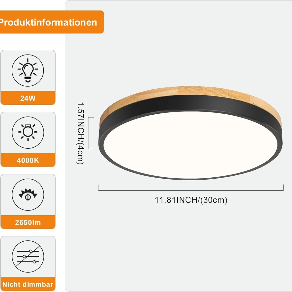 HOME NEAT - Lámpara de techo empotrado led madera redonda 3 Color 24w negro