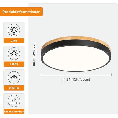 Imagen 2 del producto Lámpara de techo empotrado led madera redonda 3 Color 24w negro