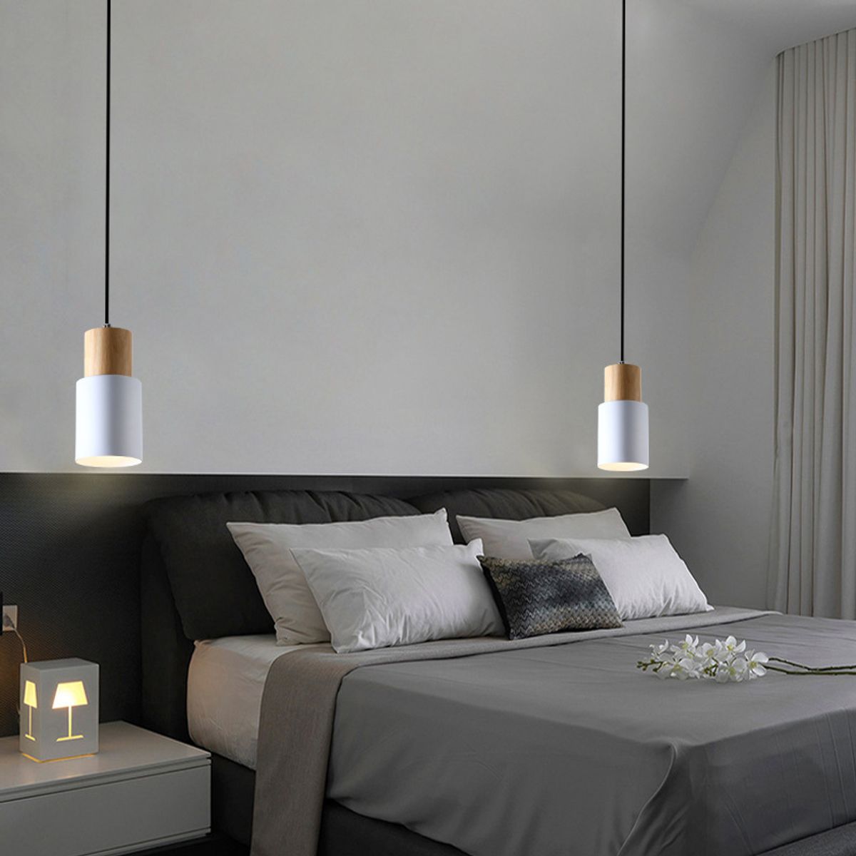 HOME NEAT - Lámpara colgante de techo madera nórdica E27 aluminio - Blanco