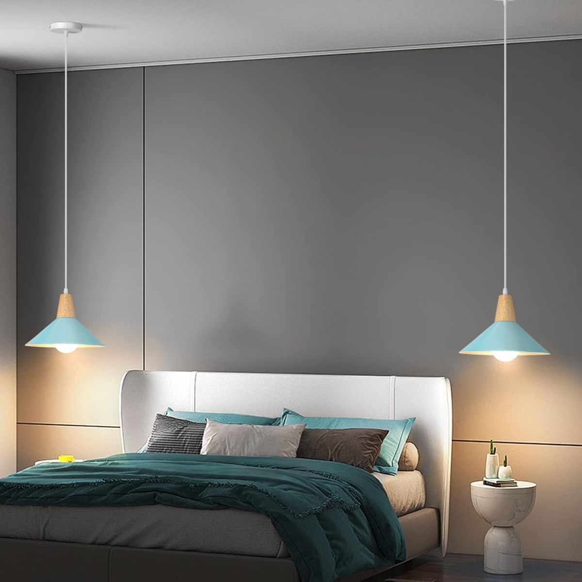 2 Unidades Lámpara colgante de metal Madera Nórdica E27 ø25cm - Azul, marca HOME NEAT - Foto 2