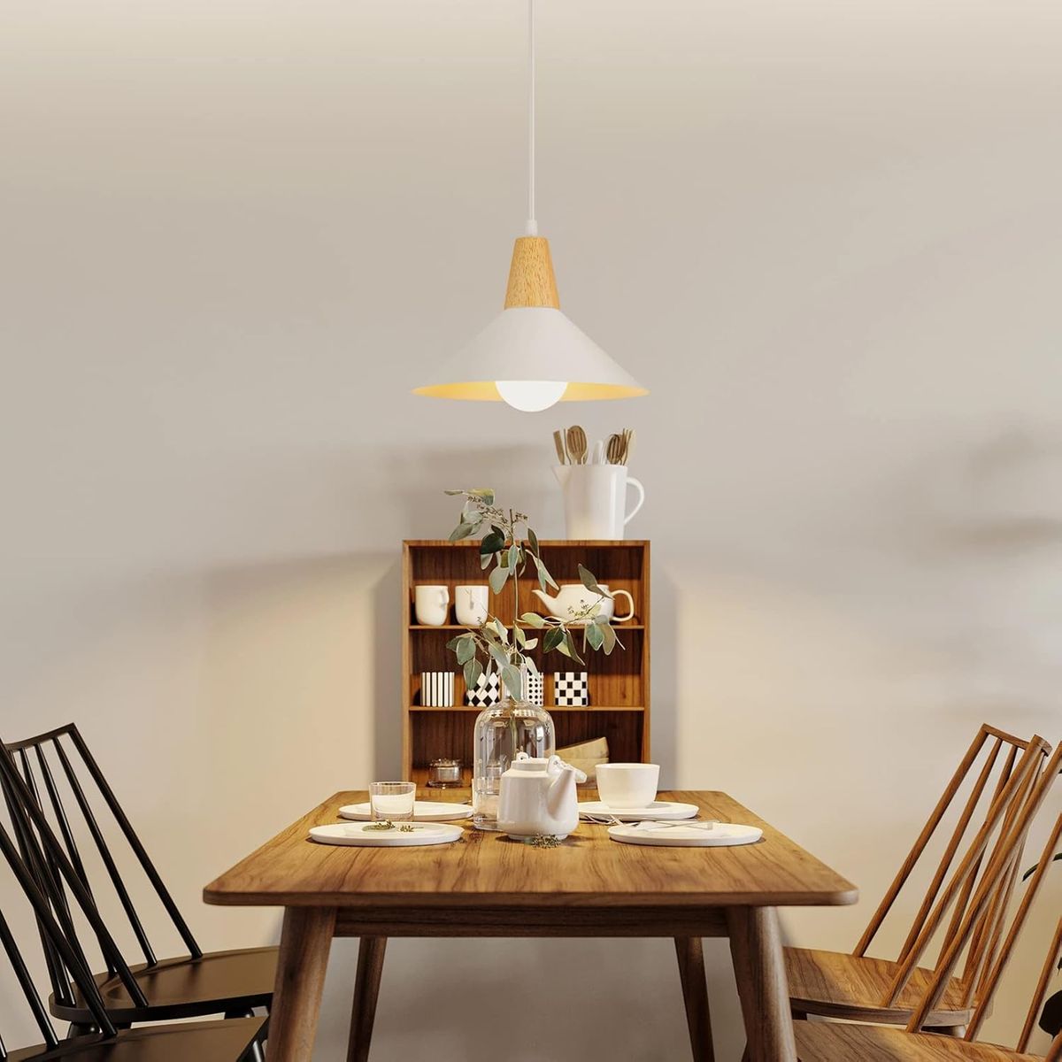 HOME NEAT - 2 Unidades Lámpara colgante metal madera nórdica - Blanco