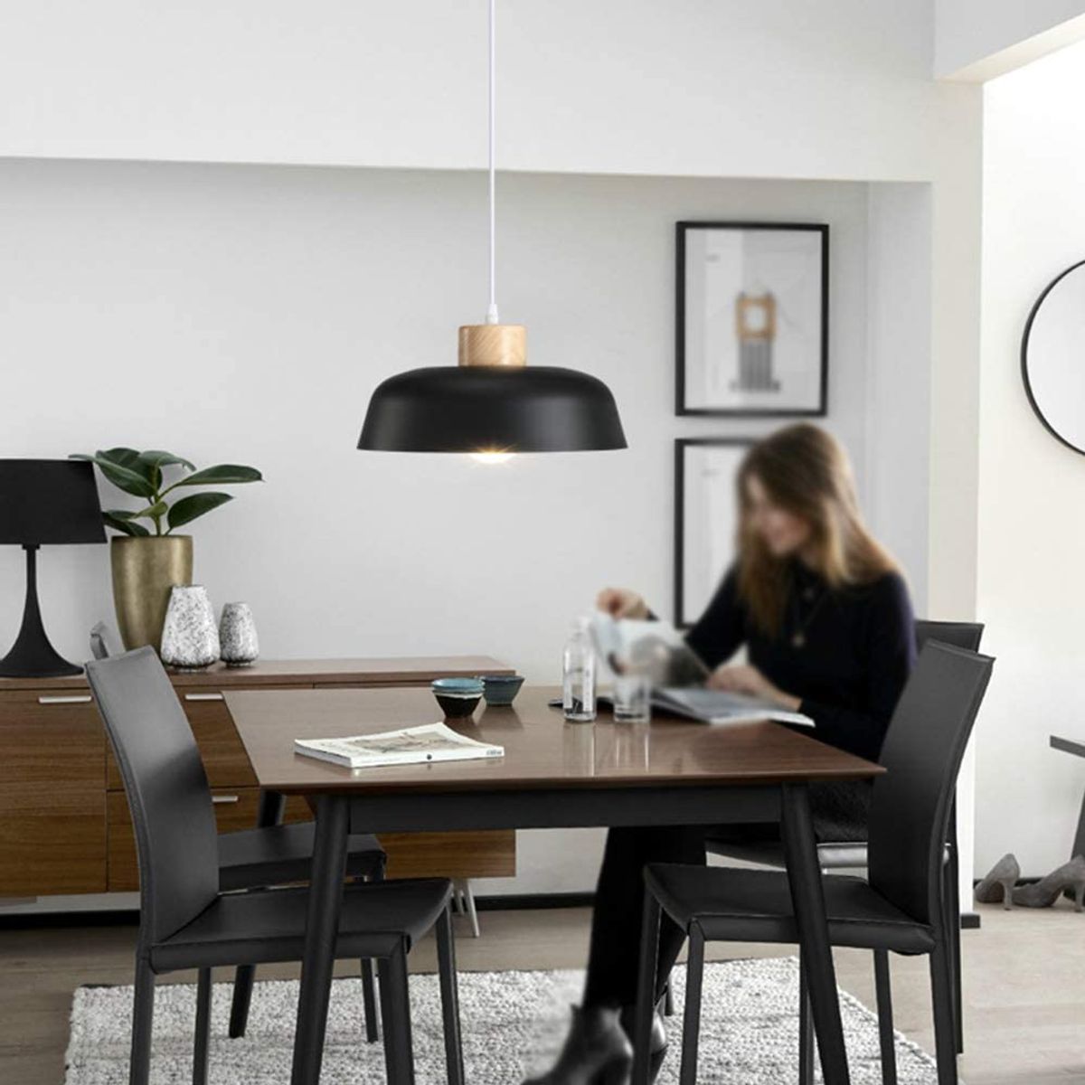 HOME NEAT - 2 Unidades Lámpara colgante metal madera redonda nórdica E27 Negro