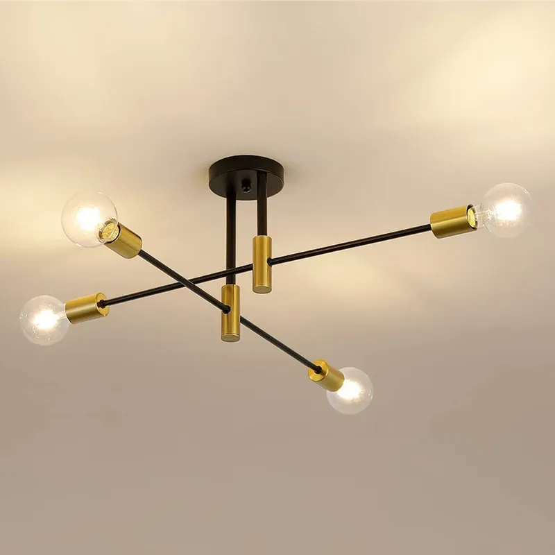 HOME NEAT - Lámpara de techo 4 focos de varas metálicas ø72cm - Negro y Dorado