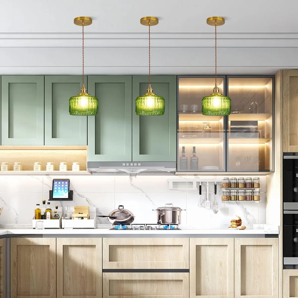 HOME NEAT - Lámpara Colgante Con Pantalla De Cristal A Rayas Ø17cm - Verde