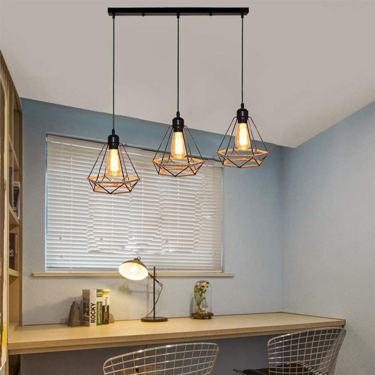 HOME NEAT - Lámpara de techo Cuerda de cáñamo Industrial vintage 3 luces E27