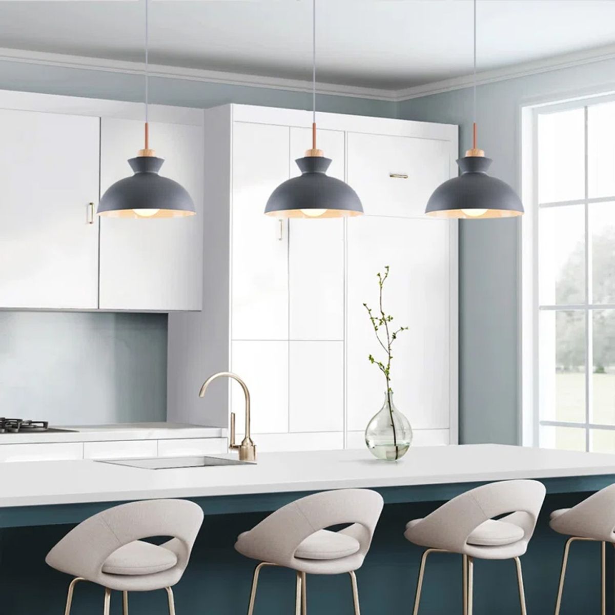 Lámpara de techo colgante moderno madera metal e27 redondo Gris, marca HOME NEAT - Foto 2