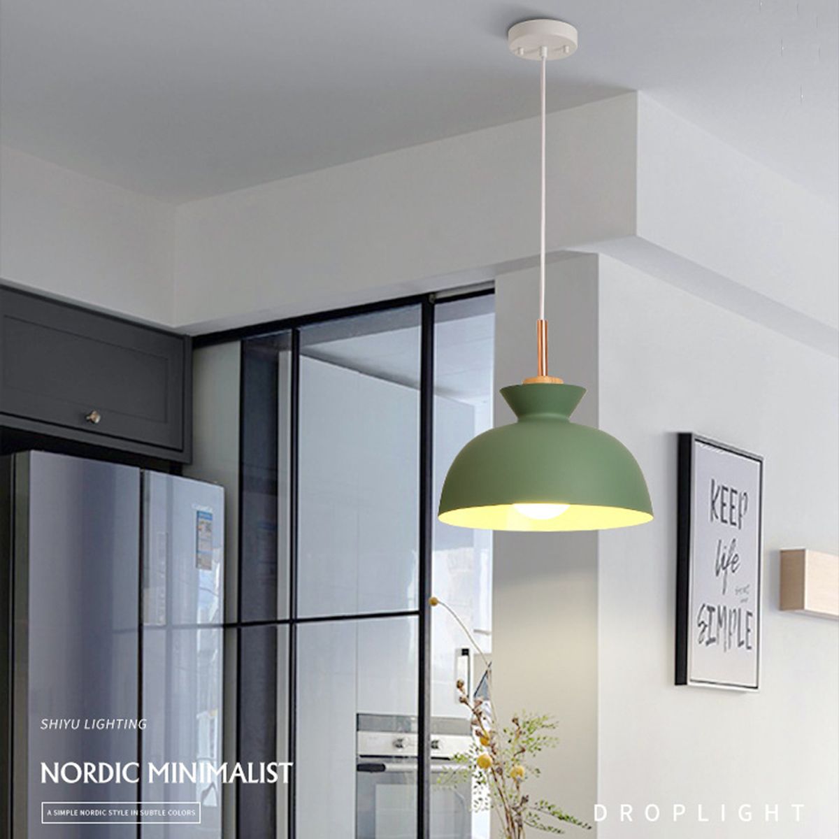HOME NEAT - Lámpara Colgante de Techo Moderno Madera metal E27 28cm Verde