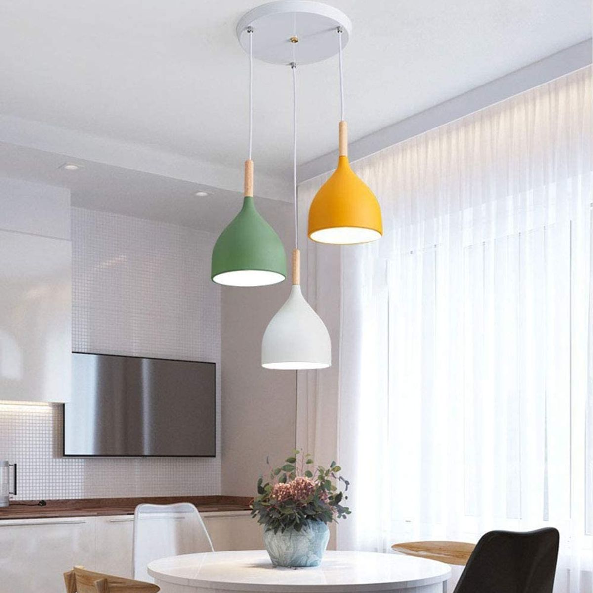 HOME NEAT - Lámpara colgante de 3 luces de madera aluminio lámpara de techo