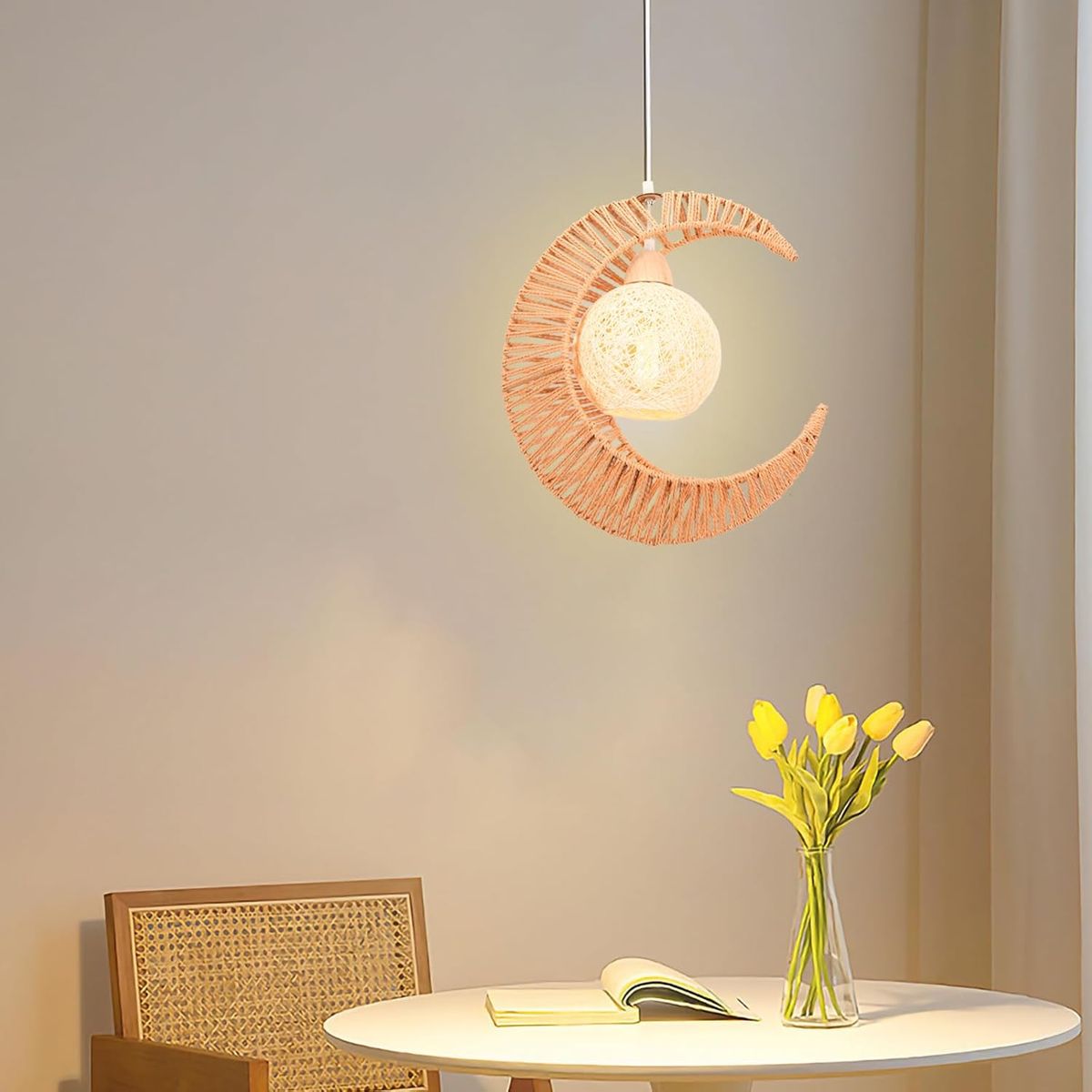 HOME NEAT - Lámpara Colgante Ratán con Pantalla de Cuerda E27 38cm.