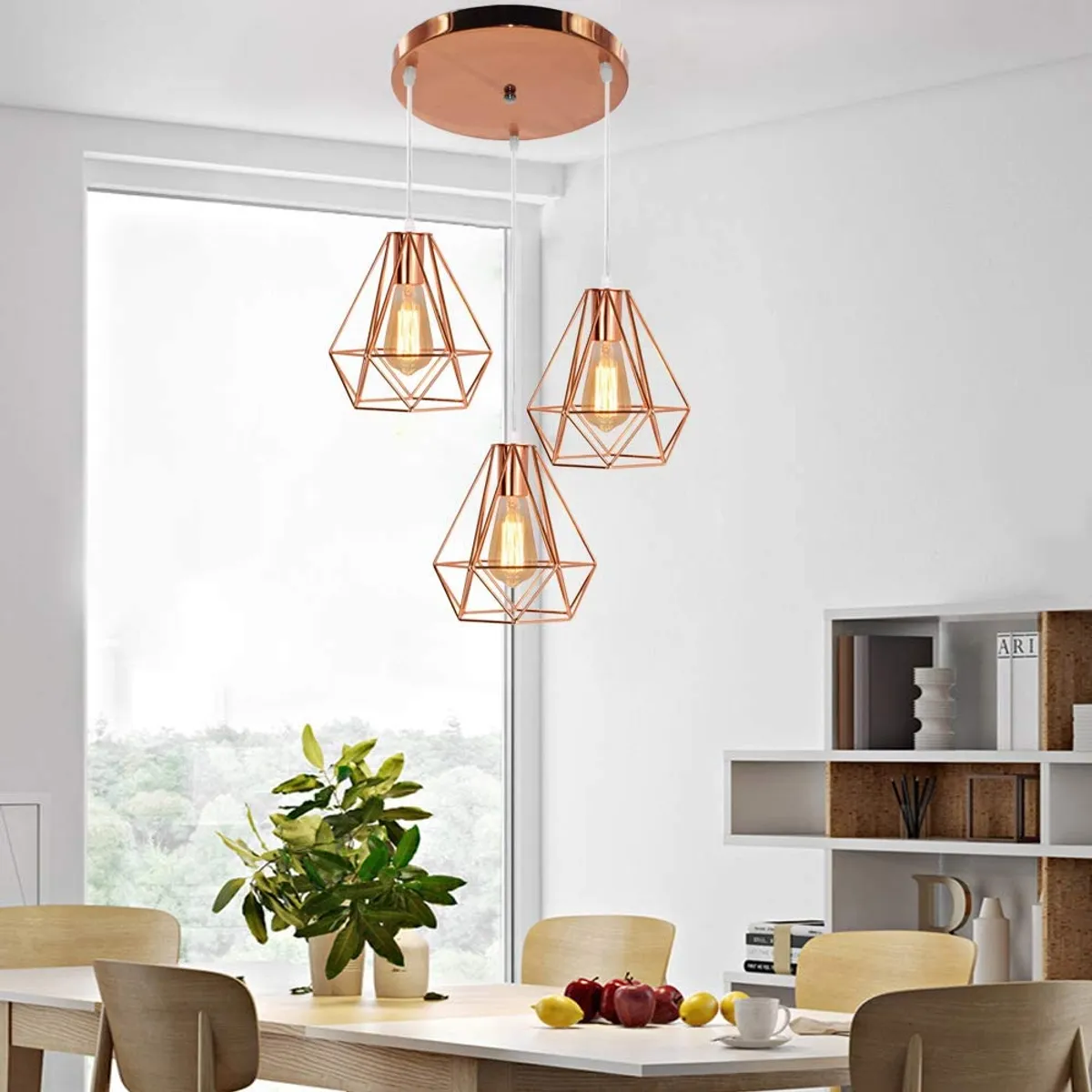 HOME NEAT - Lámpara de techo colgante retro ø200mm diamante jaula 3 luces oro rosa