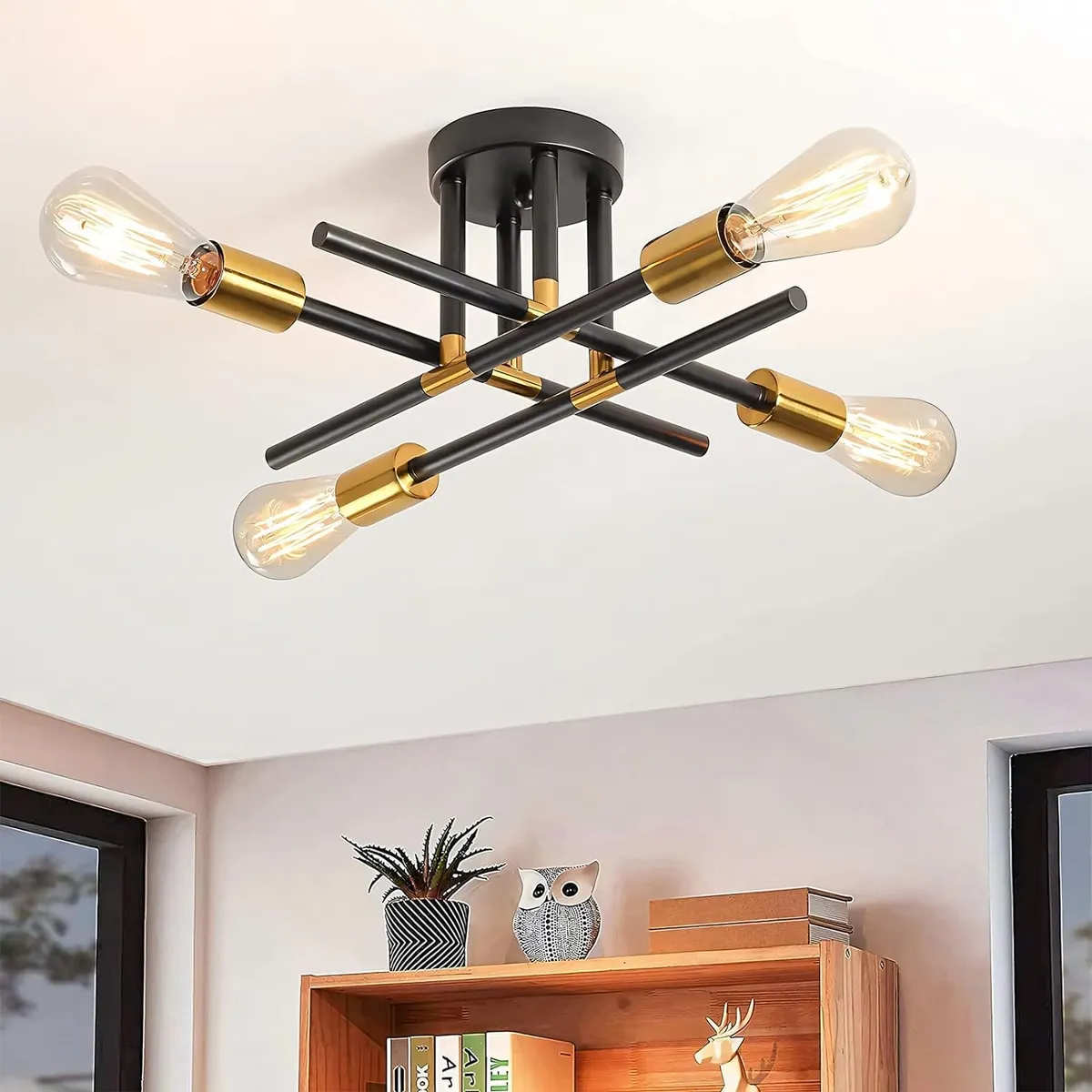 HOME NEAT - Lámpara de techo moderna metálica de 4 focos - Negro y Dorado