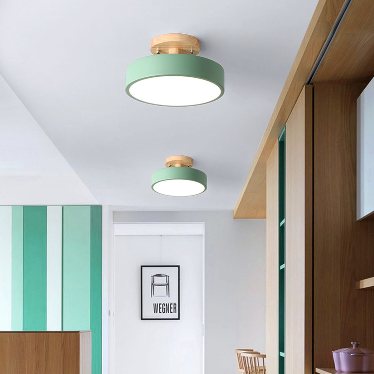 HOME NEAT - 2 Unidades Lámpara de techo LED de 18cm con base de madera - Verde