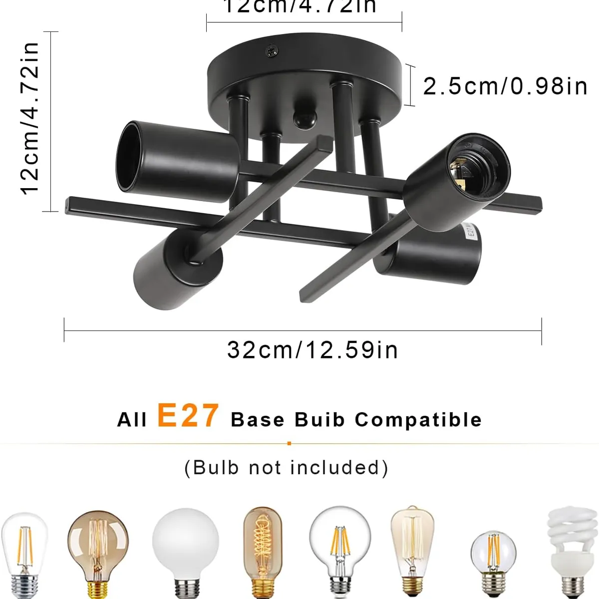 HOME NEAT - Lámpara de techo moderna metálica de 4 focos - Negro.