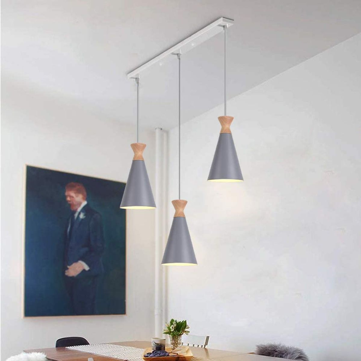 HOME NEAT - Lámpara de colgente 3 luces nórdica e27 lámpara de techo madera gris