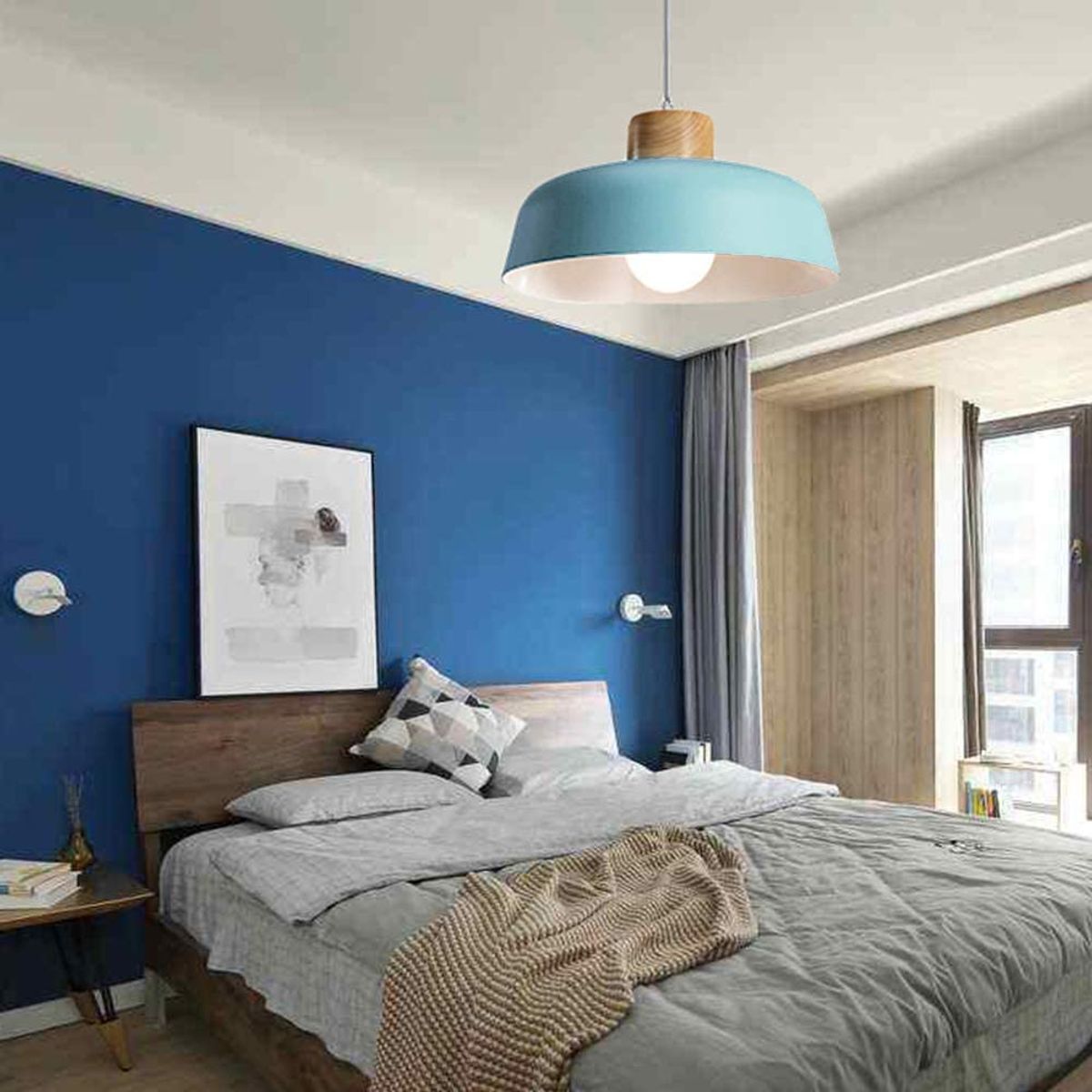 2 Unidades Lámpara colgante metal madera redonda nórdica E27 Azul, marca HOME NEAT - Foto 2