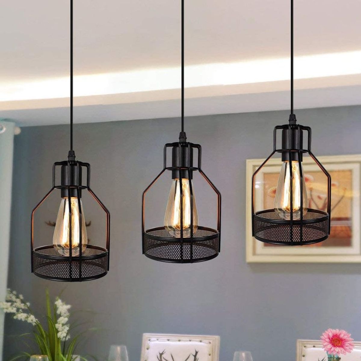 HOME NEAT - Lámpara de colgante retro 3 cabezas lámpara techo metal e27 negro