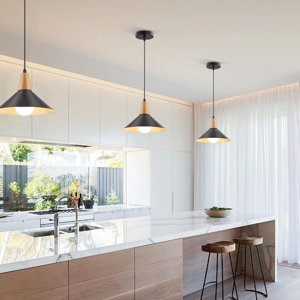 HOME NEAT - 2 Unidades Lámpara colgante de metal madera nórdica E27 ø25cm - Negro