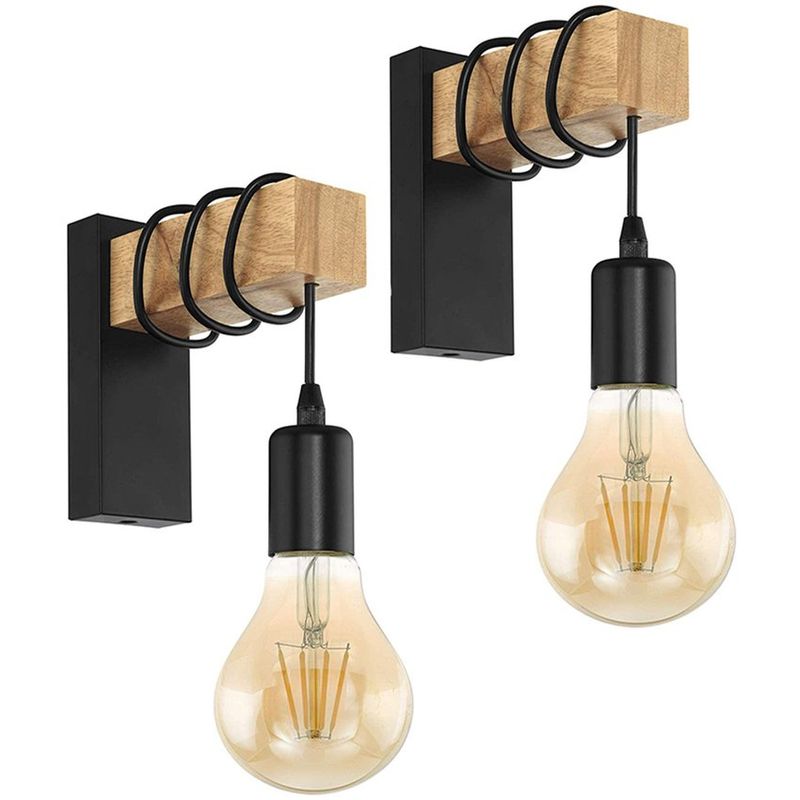 HOME NEAT - 2 Unidades lámpara pared madera estilo moderno E27 Negro