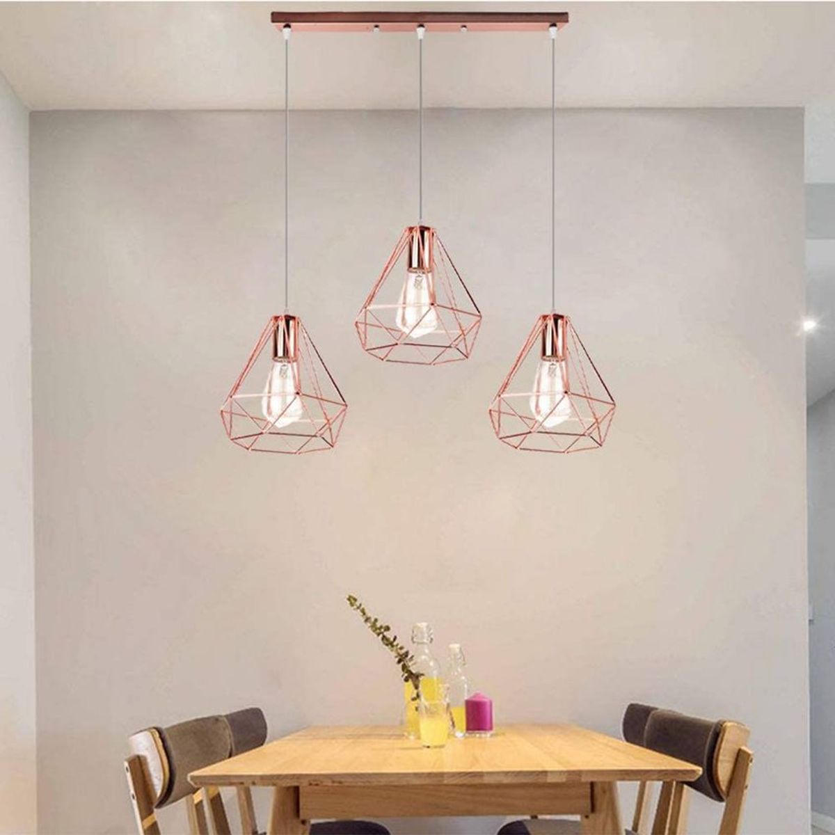 HOME NEAT - Lámpara colgante de techo diamante 3-cabezas Moderno Oro Rosa