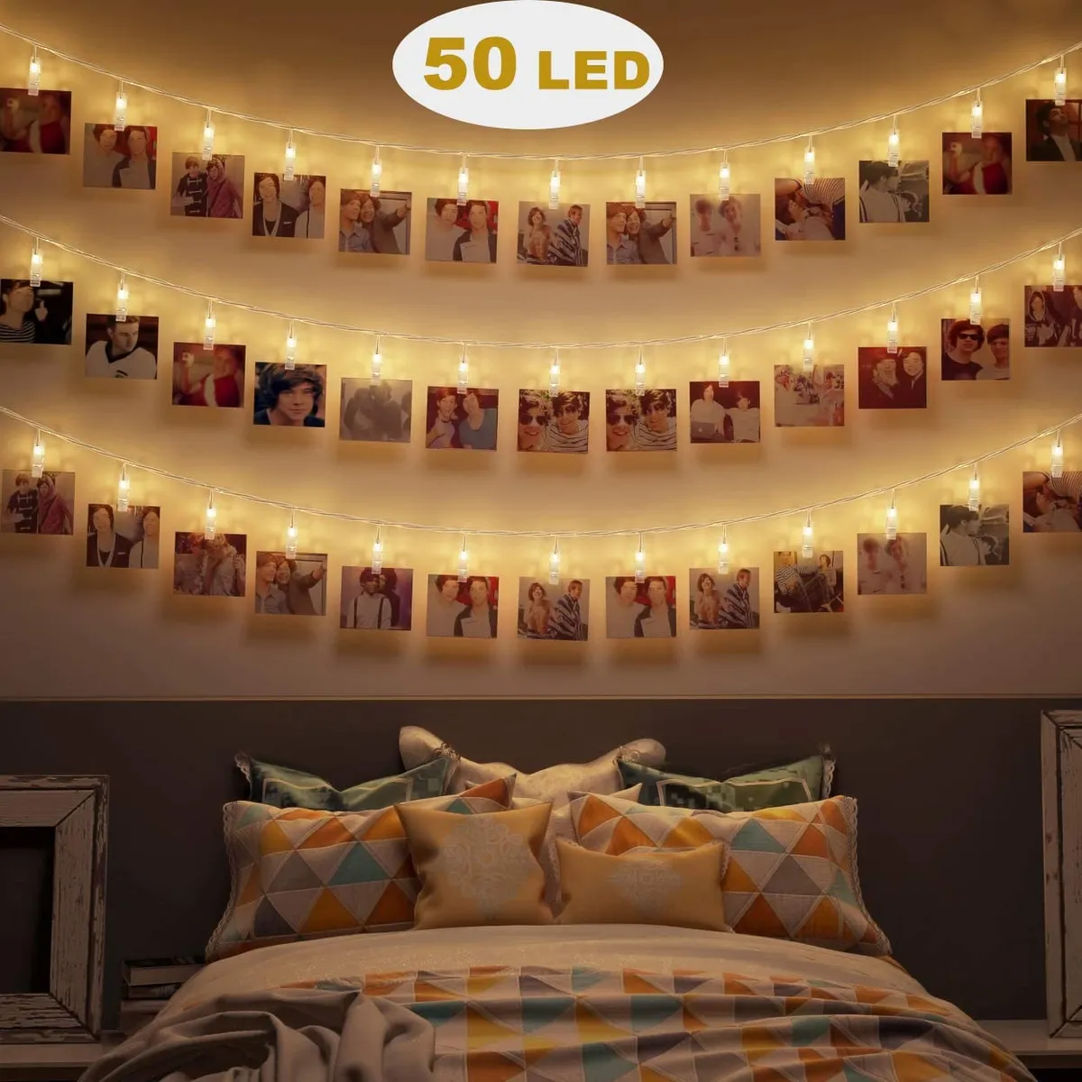 HOME NEAT - Luz LED Pinza Fotos X50 Luces Gancho Extensión 5M Blanco Cálido