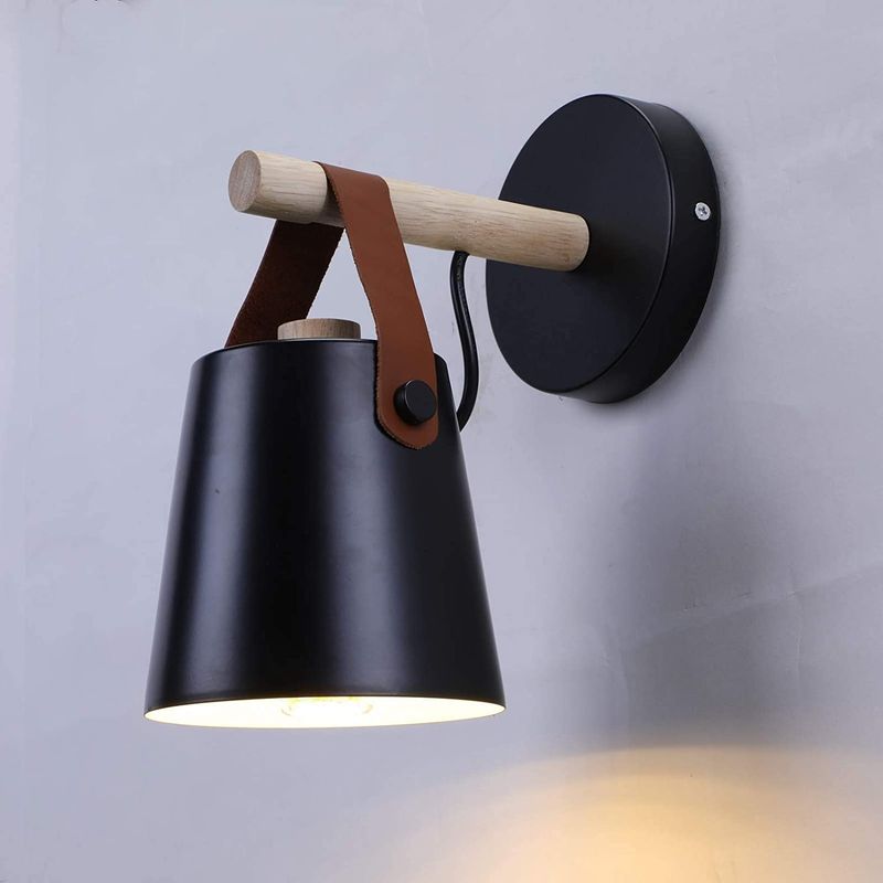 HOME NEAT - Lámpara de pared de madera nórdica apliques de pared E27 Negro