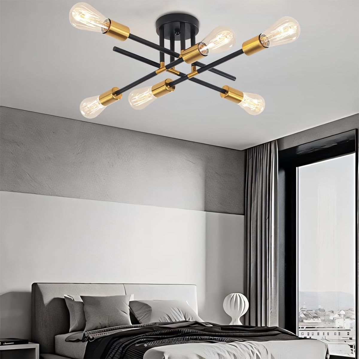 HOME NEAT - Lámpara de techo moderna metálica de 6 focos - Negro y Dorado