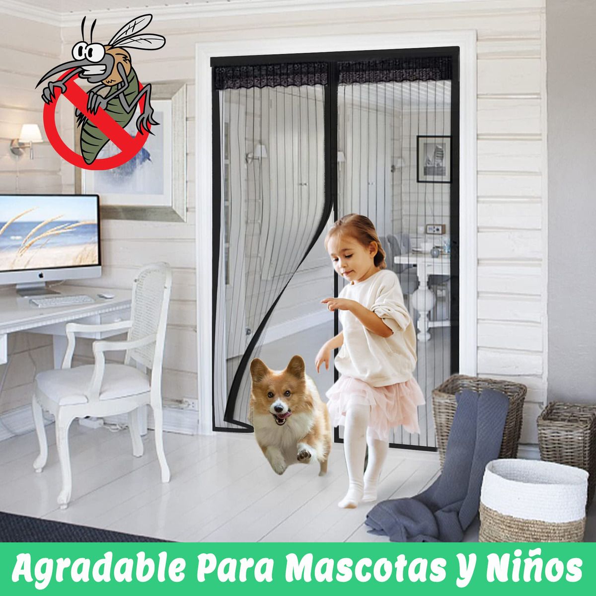 GENERICO - 70x200cm Mosquitera Puerta Magnetica Con Gancho Hogar-Negro