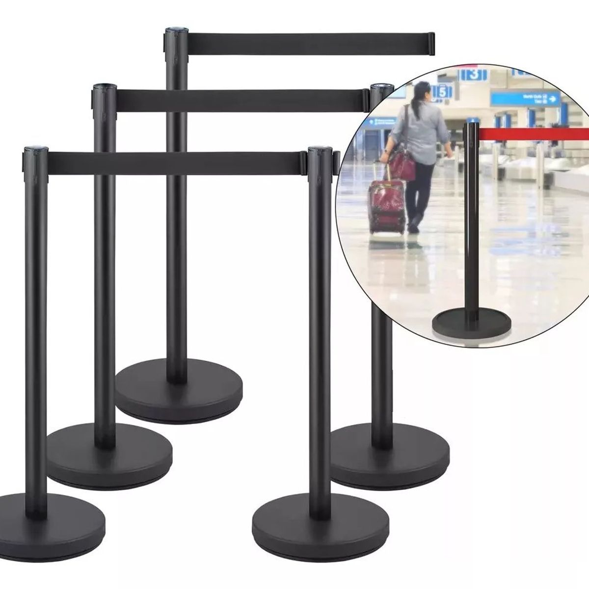 KUANGYE - 5 Postes Separadores Y Cinta Negra Retráctil Para Control De Filas