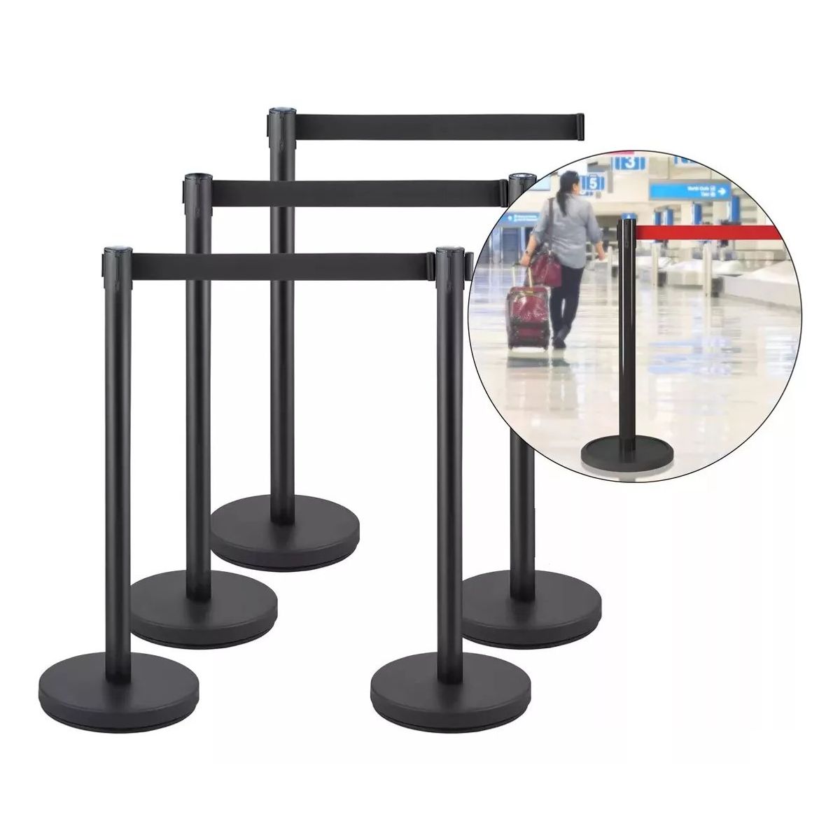 KUANGYE - 5 Postes Separadores Y Cinta Negra Retráctil Para Control De Filas