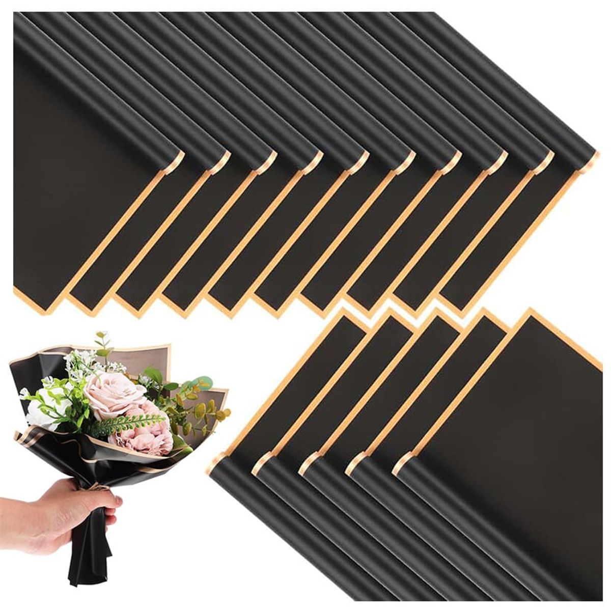 KUANGYE - 60 Hojas Borde Dorado De Papel De Regalo De Flores