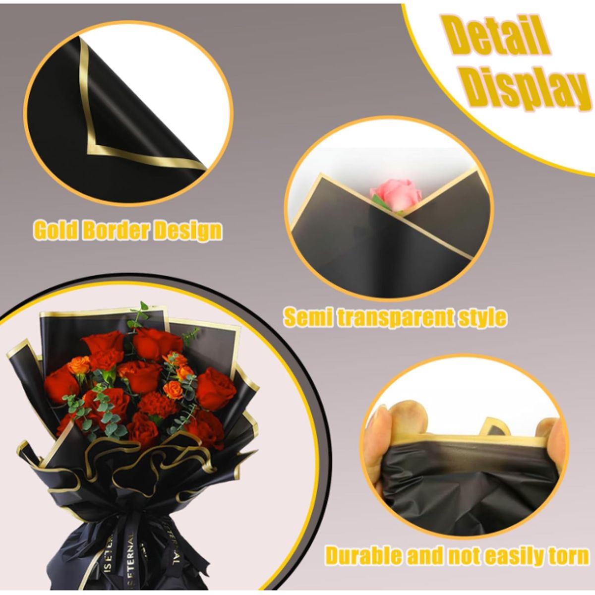 KUANGYE - 60 Hojas Borde Dorado De Papel De Regalo De Flores